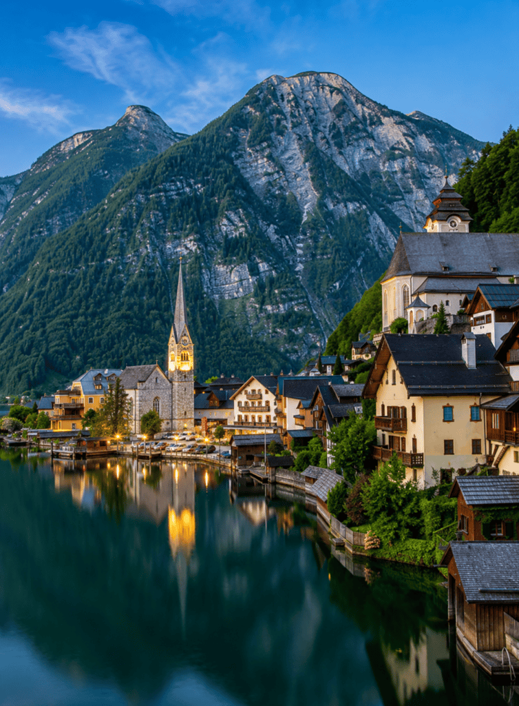 Scenic mountain village with church and colorful houses reflected in calm lake waters at sunset.