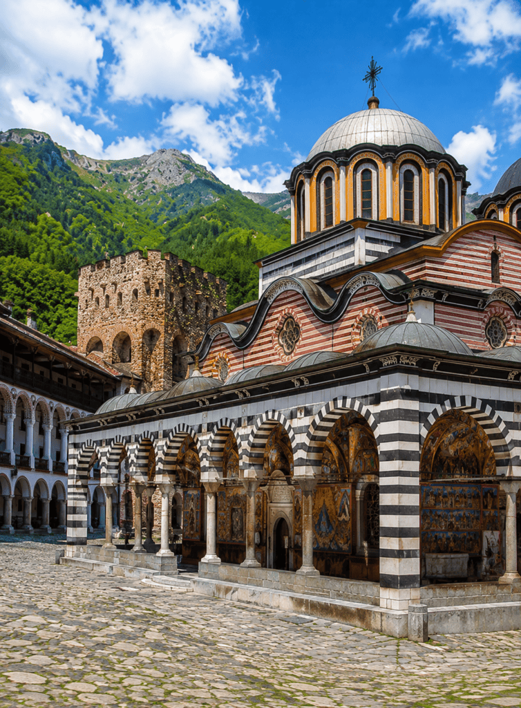 Ancient monastery with colorful domes and striped arches in a scenic mountain setting.