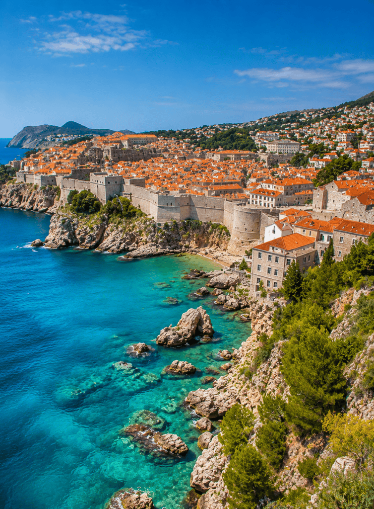 Scenic view of a Mediterranean coastal city with historic walls, turquoise waters, and lush greenery.