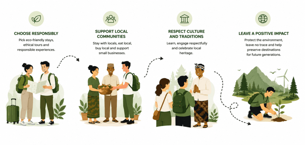 Pick eco-friendly stays, ethical tours and stay with local, eat local and support small business