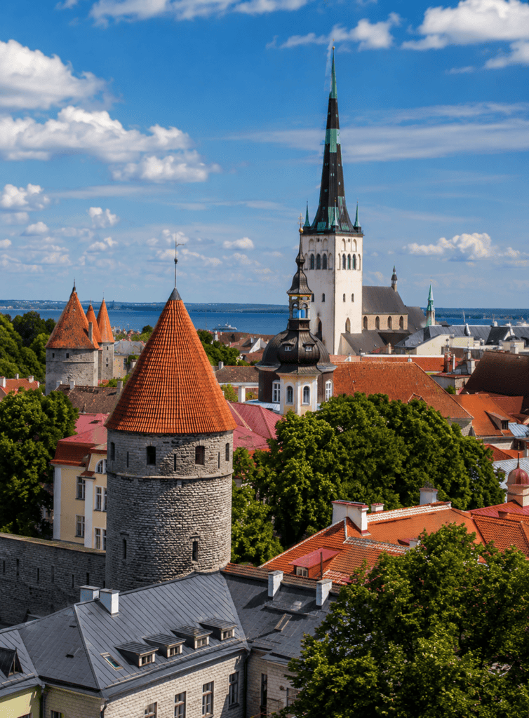 Tallinn cityscape featuring medieval towers and a prominent church spire, emphasizing eco-friendly t.
