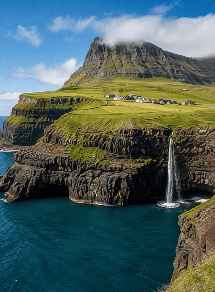 Scenic cliffs with waterfall on a lush green island, showcasing responsible eco-tourism.