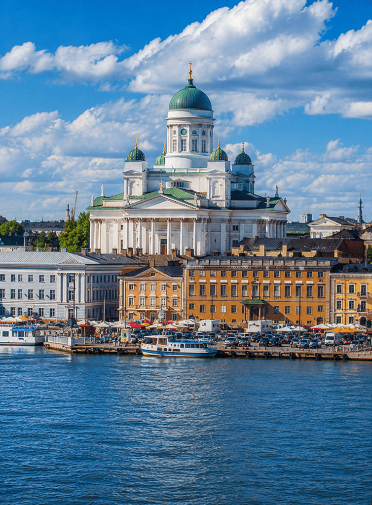 Helsinki Cathedral, a landmark in Finland, with waterfront and cityscape background.